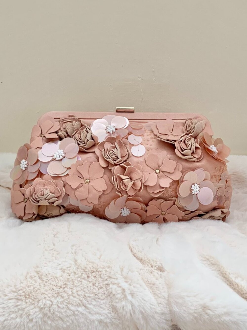 Rare J. Crew Collection Pink Clutch with Sequins, Beads and 3D Floral Appliques
